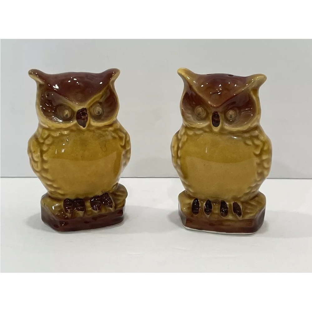 Vintage Ceramic Owl Salt and Pepper Shakers Mid Century Japan Googly Eyes Rare